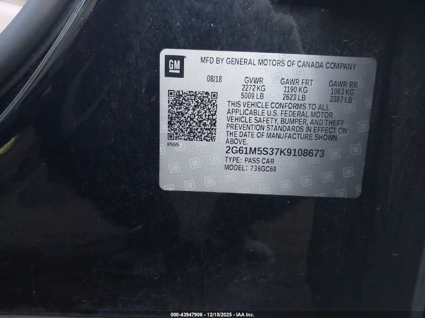 2019 Cadillac Xts Luxury VIN: 2G61M5S37K9108673 Lot: 43947906