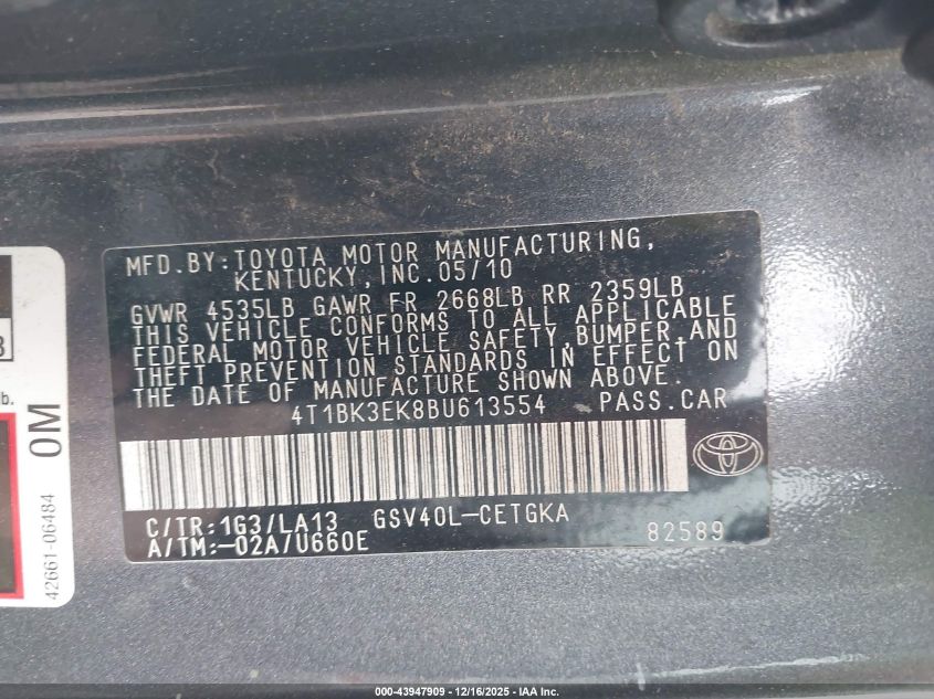 2011 Toyota Camry Xle V6 VIN: 4T1BK3EK8BU613554 Lot: 43947909
