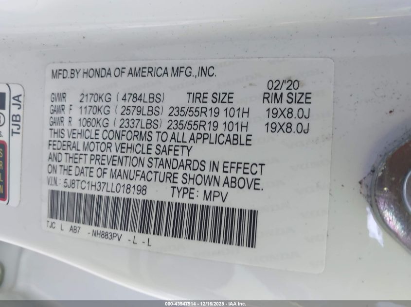 2020 Acura Rdx Standard VIN: 5J8TC1H37LL018198 Lot: 43947914