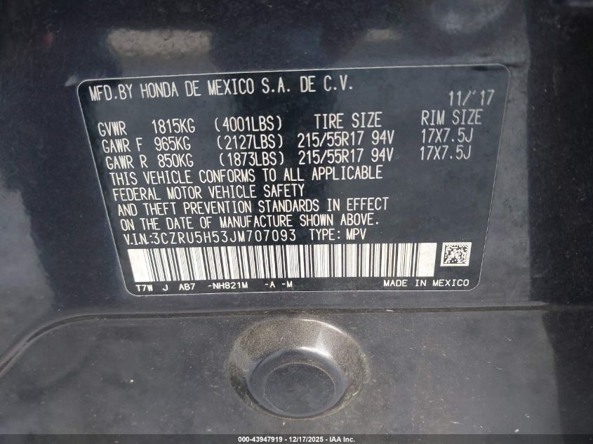 2018 Honda Hr-V Ex VIN: 3CZRU5H53JM707093 Lot: 43947919