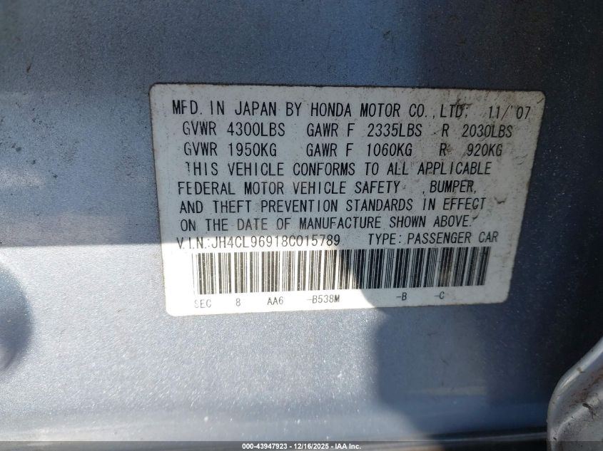 2008 Acura Tsx VIN: JH4CL96918C015789 Lot: 43947923