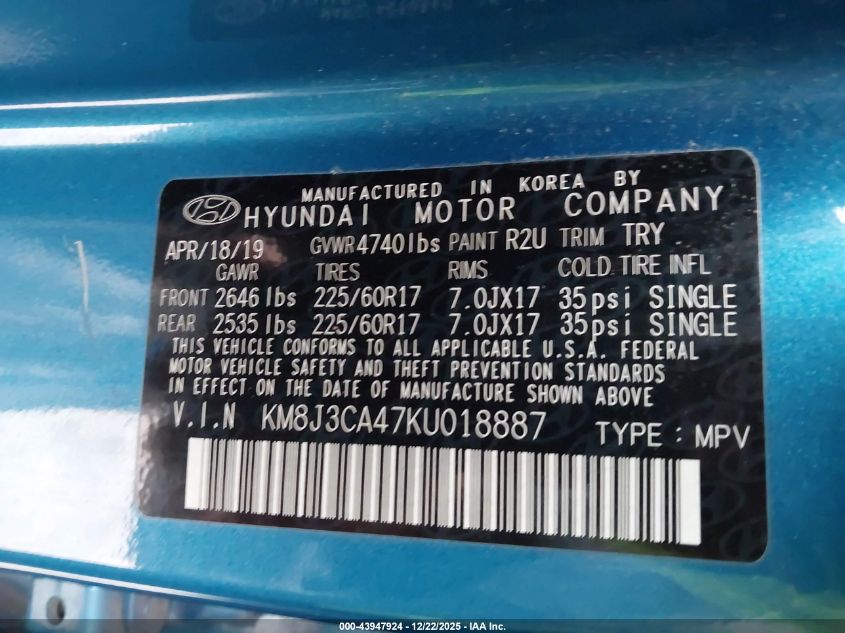 2019 Hyundai Tucson Value VIN: KM8J3CA47KU018887 Lot: 43947924