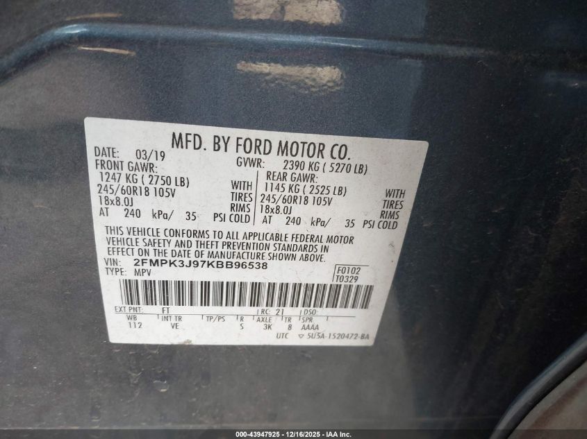 2019 Ford Edge Sel VIN: 2FMPK3J97KBB96538 Lot: 43947925