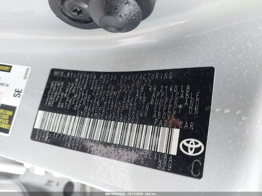 2024 Toyota Corolla Le VIN: 5YFB4MDE4RP080903 Lot: 43947926