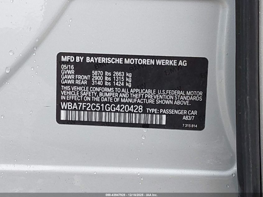 2016 BMW 750I xDrive VIN: WBA7F2C51GG420428 Lot: 43947928