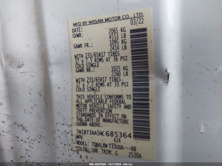 2022 Nissan Rogue S Fwd VIN: 5N1BT3AA5NC685364 Lot: 43947929