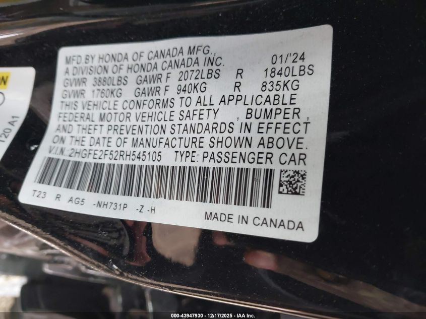 2024 Honda Civic Sport VIN: 2HGFE2F52RH545105 Lot: 43947930