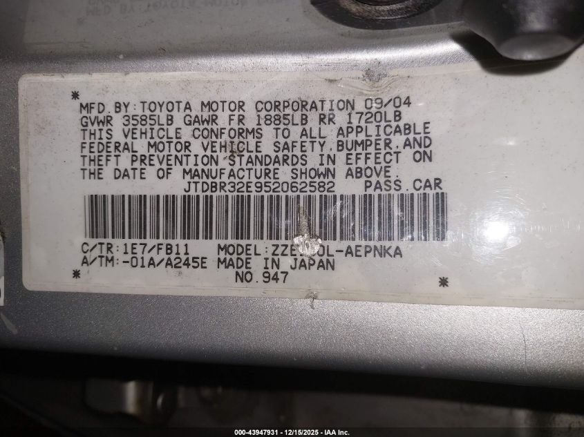 2005 Toyota Corolla Le VIN: JTDBR32E952062582 Lot: 43947931