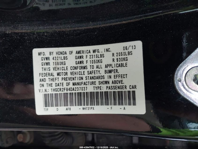 2013 Honda Accord Ex-L VIN: 1HGCR2F84DA237037 Lot: 43947932