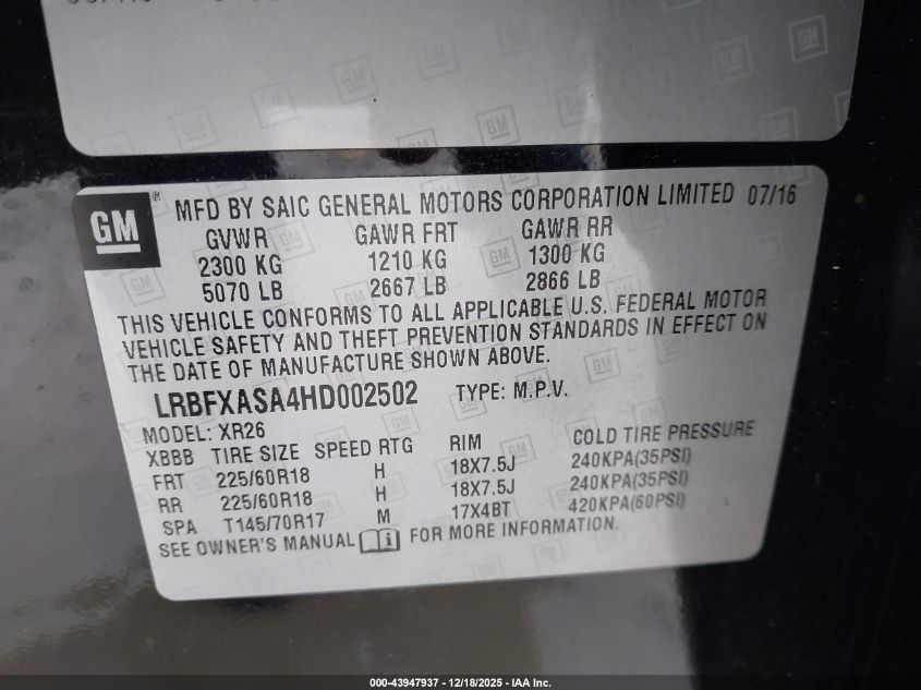 2017 Buick Envision Preferred VIN: LRBFXASA4HD002502 Lot: 43947937