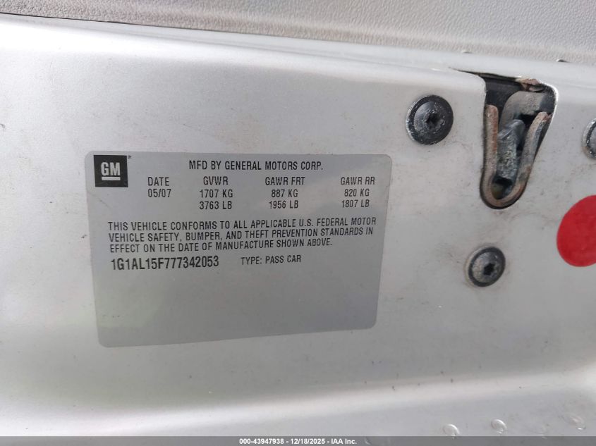 2007 Chevrolet Cobalt Lt VIN: 1G1AL15F777342053 Lot: 43947938
