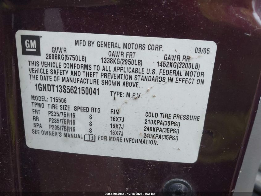 2006 Chevrolet Trailblazer Ls VIN: 1GNDT13S562150041 Lot: 43947941