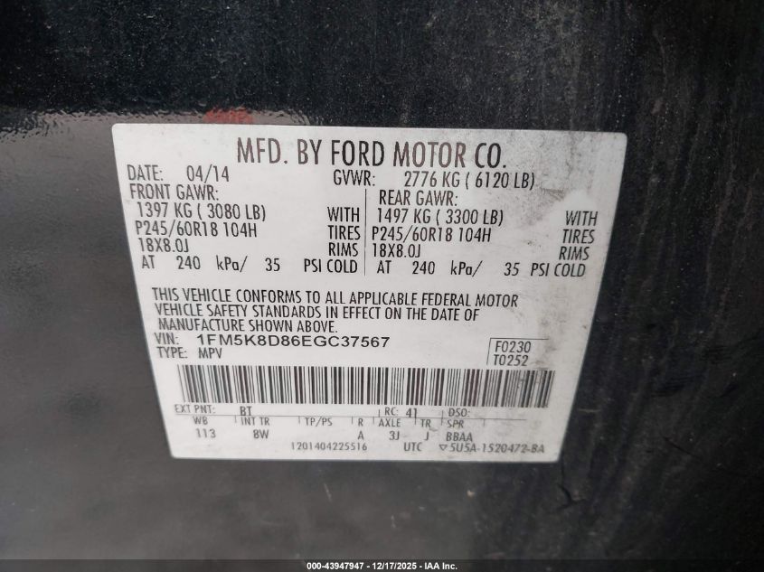 2014 Ford Explorer Xlt VIN: 1FM5K8D86EGC37567 Lot: 43947947