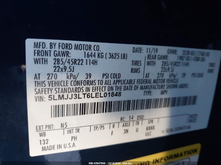 2020 Lincoln Navigator Reserve L VIN: 5LMJJ3LT6LEL01848 Lot: 43947948