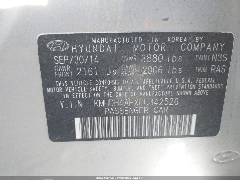 2015 Hyundai Elantra Sport VIN: KMHDH4AHXFU342526 Lot: 43947949