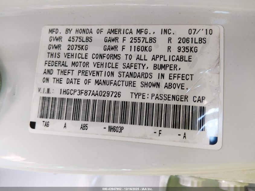 2010 Honda Accord 3.5 Ex-L VIN: 1HGCP3F87AA029726 Lot: 43947952