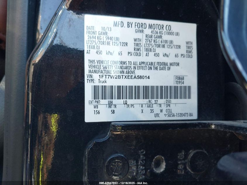 2014 Ford F-250 Lariat VIN: 1FT7W2BTXEEA58014 Lot: 43947953