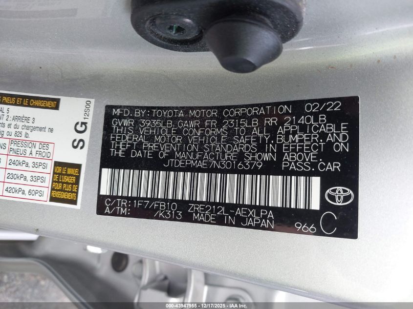 2022 Toyota Corolla Le VIN: JTDEPMAE7N3016379 Lot: 43947955