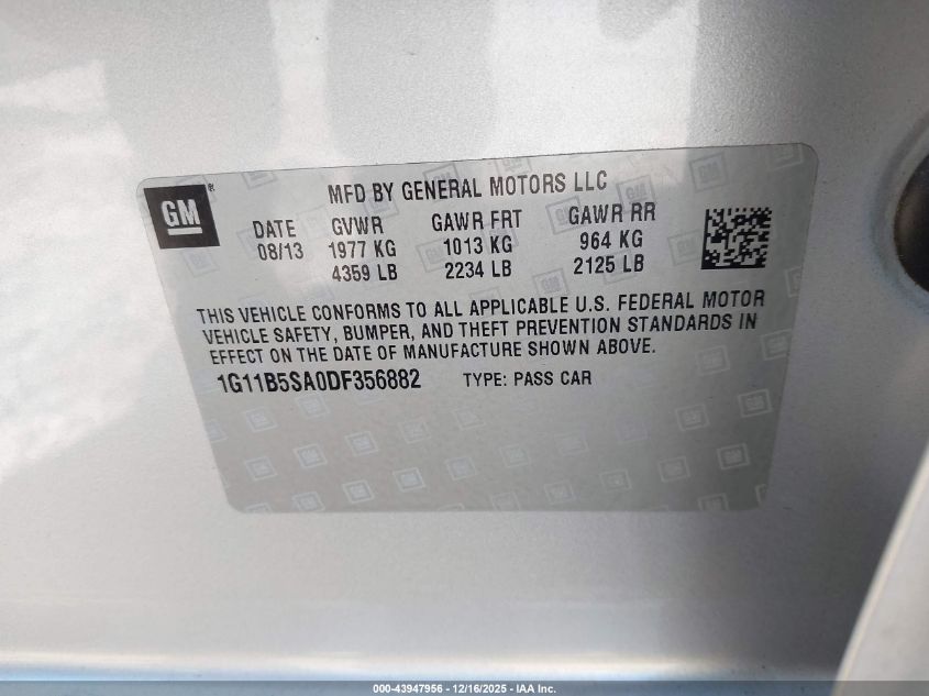 2013 Chevrolet Malibu 1Ls VIN: 1G11B5SA0DF356882 Lot: 43947956