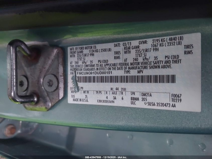 2013 Ford Escape Se VIN: 1FMCU9G91DUD00151 Lot: 43947958