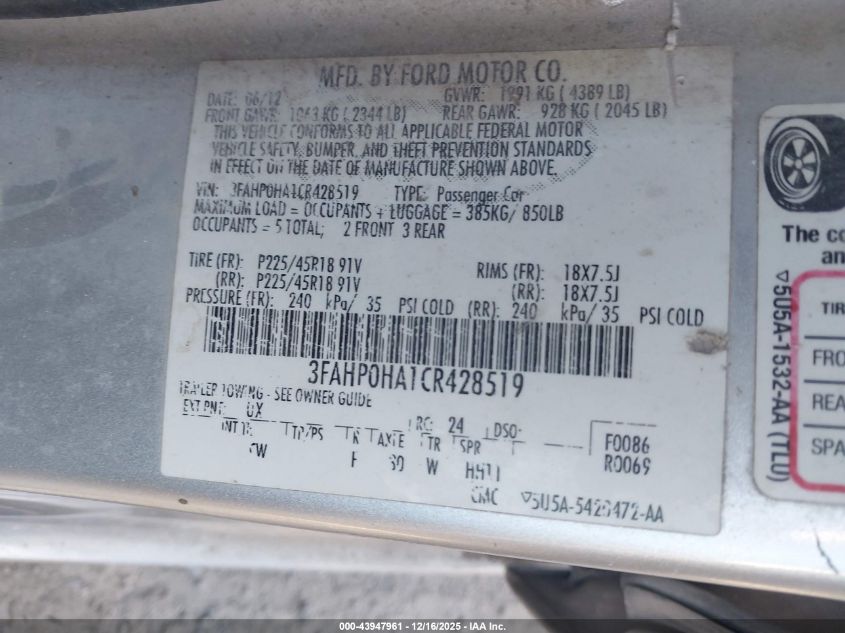 2012 Ford Fusion Se VIN: 3FAHP0HA1CR428519 Lot: 43947961