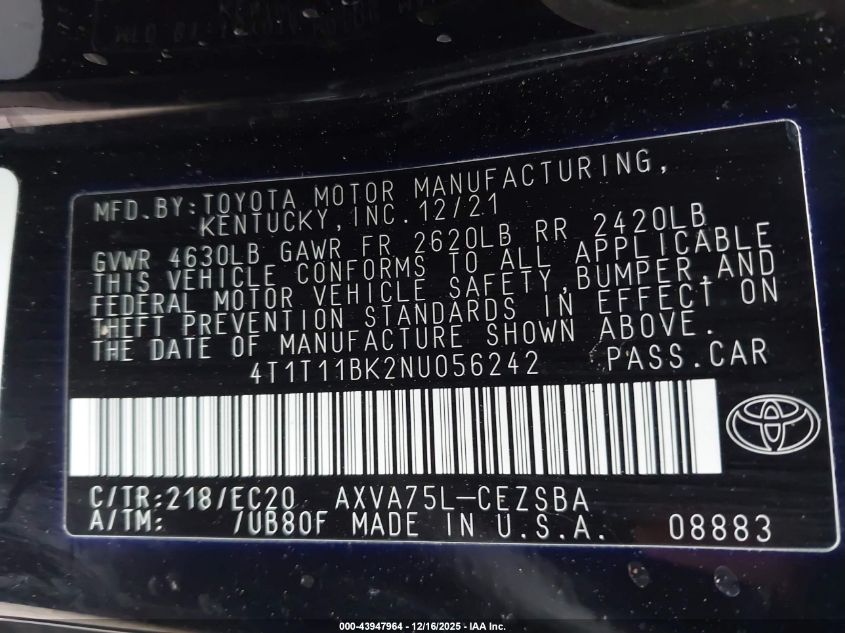 2022 Toyota Camry Se Nightshade Special Awd VIN: 4T1T11BK2NU056242 Lot: 43947964