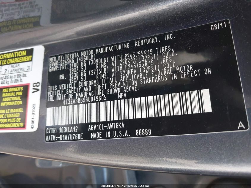 2011 Toyota Venza VIN: 4T3ZA3BB9BU049605 Lot: 43947973