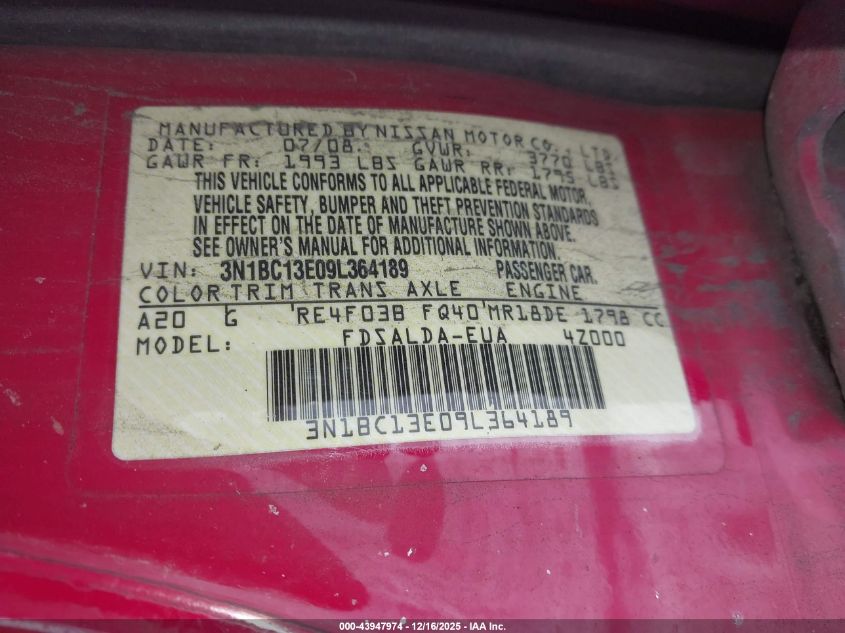 2009 Nissan Versa 1.8S VIN: 3N1BC13E09L364189 Lot: 43947974