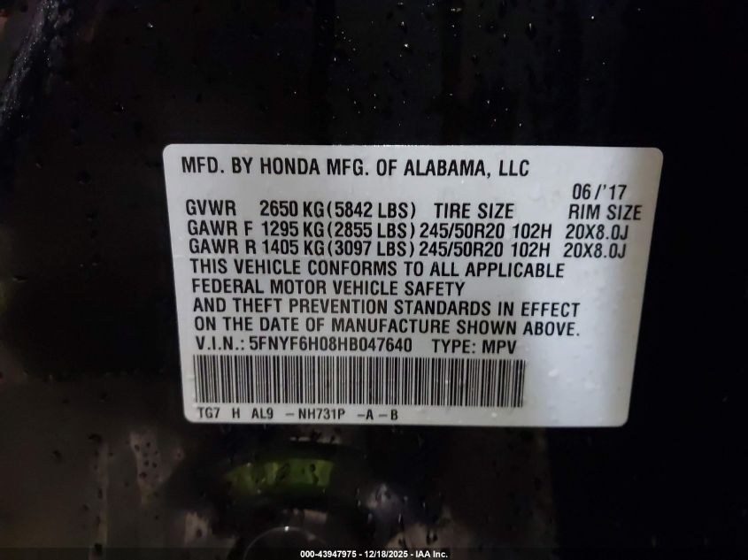 2017 Honda Pilot Elite VIN: 5FNYF6H08HB047640 Lot: 43947975
