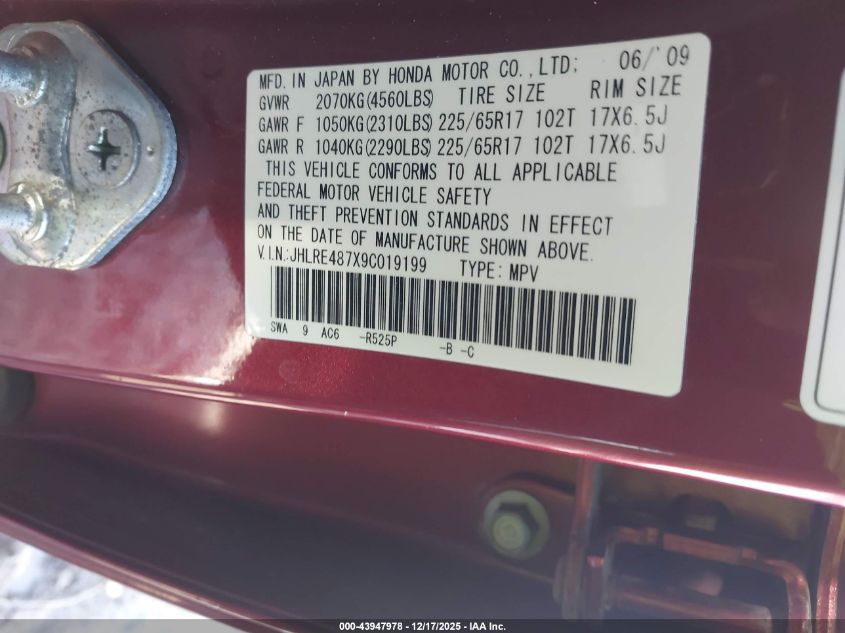 2009 Honda Cr-V Ex-L VIN: JHLRE487X9C019199 Lot: 43947978