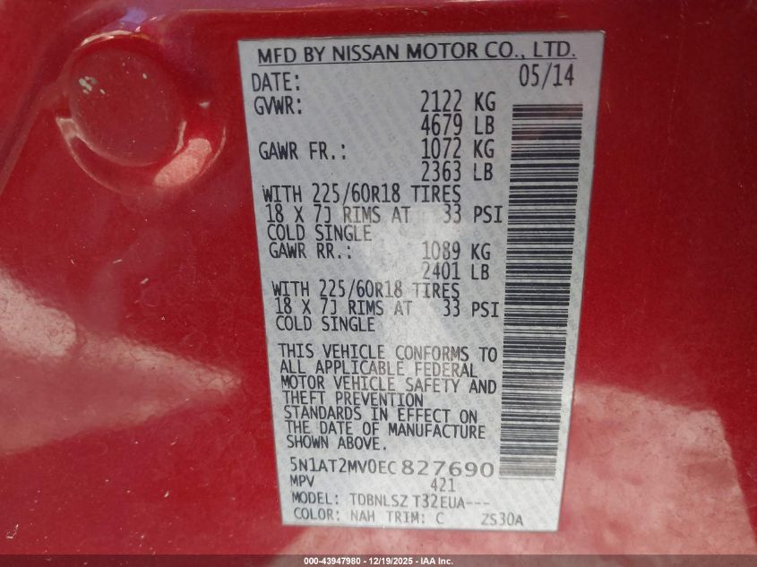 2014 Nissan Rogue Sl VIN: 5N1AT2MV0EC827690 Lot: 43947980