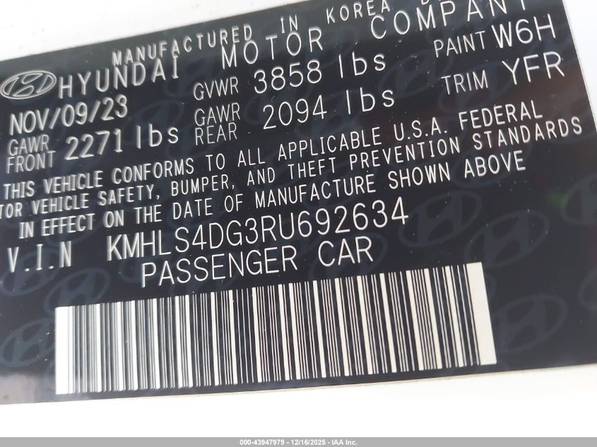 2024 Hyundai Elantra Sel VIN: KMHLS4DG3RU692634 Lot: 43947979