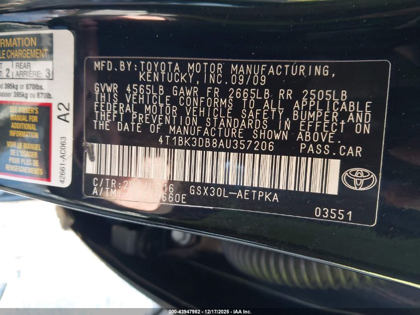 2010 Toyota Avalon Limited VIN: 4T1BK3DB8AU357206 Lot: 43947982