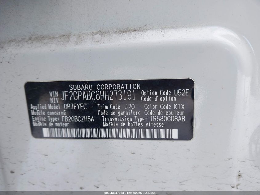 2017 Subaru Crosstrek 2.0I Premium VIN: JF2GPABC6HH273191 Lot: 43947983