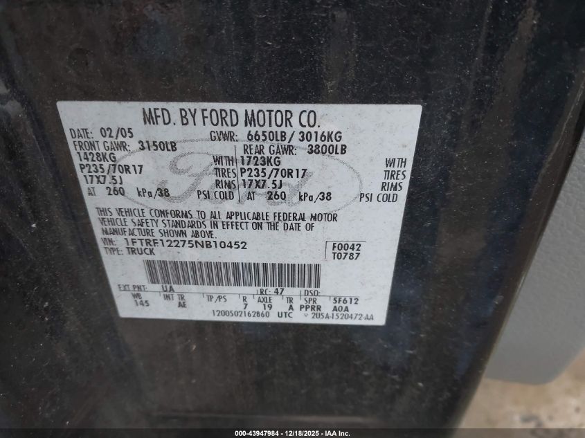 2005 Ford F-150 Stx/Xl/Xlt VIN: 1FTRF12275NB10452 Lot: 43947984