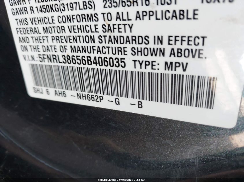 2006 Honda Odyssey Ex-L VIN: 5FNRL38656B406035 Lot: 43947987