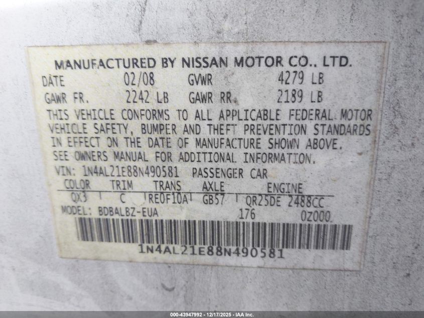 2008 Nissan Altima 2.5 S VIN: 1N4AL21E88N490581 Lot: 43947992