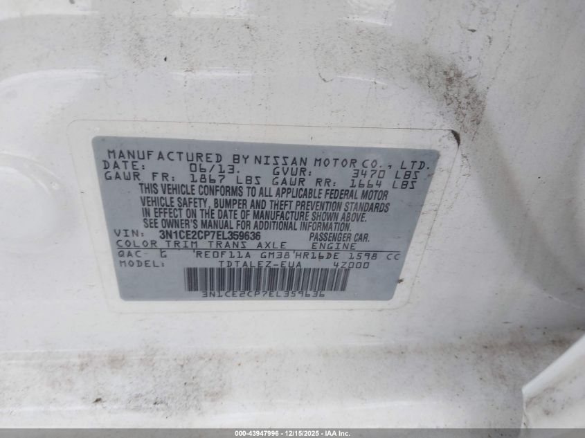 2014 Nissan Versa Note Sv VIN: 3N1CE2CP7EL359636 Lot: 43947996