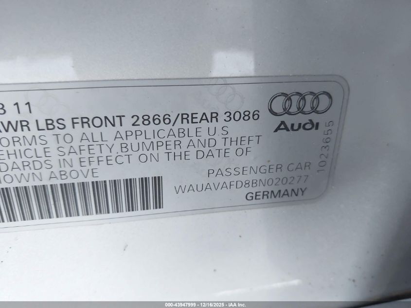 2011 Audi A8 4.2 VIN: WAUAVAFD8BN020277 Lot: 43947999