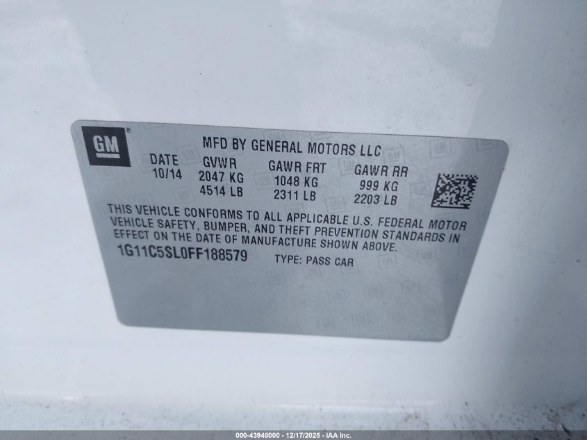 2015 Chevrolet Malibu 1Lt VIN: 1G11C5SL0FF188579 Lot: 43948000