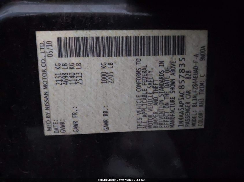 2010 Nissan Maxima 3.5 Sv VIN: 1N4AA5AP5AC857835 Lot: 43948003