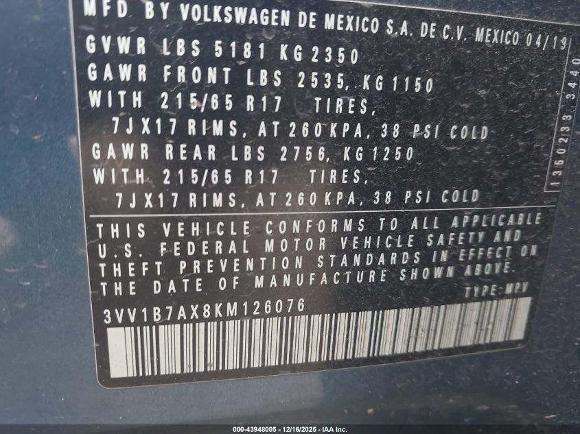 2019 Volkswagen Tiguan 2.0T S VIN: 3VV1B7AX8KM126076 Lot: 43948005