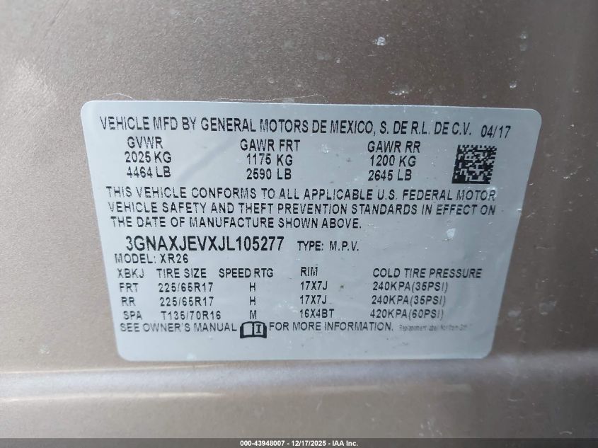 2018 Chevrolet Equinox Lt VIN: 3GNAXJEVXJL105277 Lot: 43948007