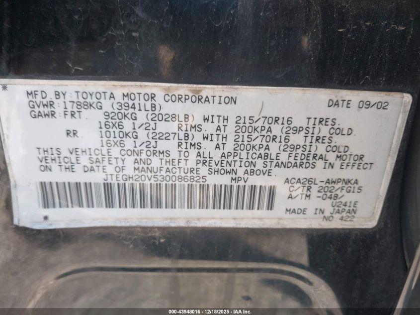 2003 Toyota Rav4 VIN: JTEGH20V530086825 Lot: 43948016