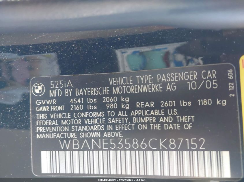 2006 BMW 525I VIN: WBANE53586CK87152 Lot: 43948020