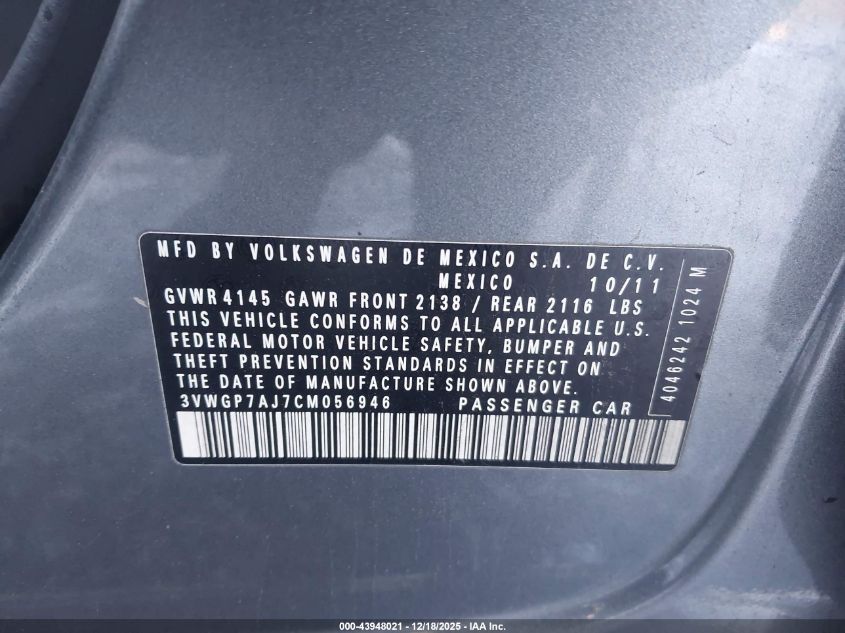 2012 Volkswagen Jetta 2.5L Sel VIN: 3VWGP7AJ7CM056946 Lot: 43948021