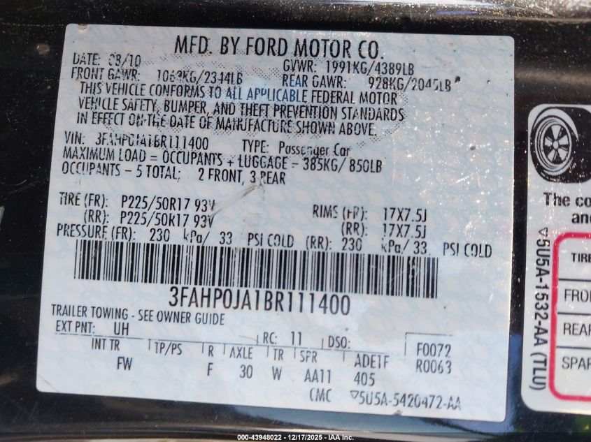 2011 Ford Fusion Sel VIN: 3FAHP0JA1BR111400 Lot: 43948022