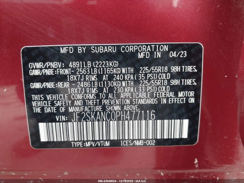 2023 Subaru Forester Limited VIN: JF2SKANC0PH477116 Lot: 43948024