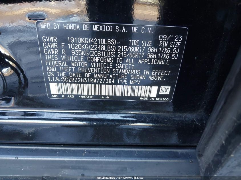 2024 Honda Hr-V Awd Lx VIN: 3CZRZ2H31RM727384 Lot: 43948025