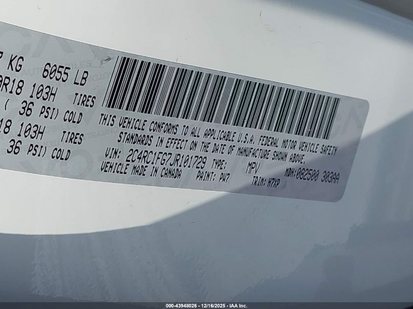 2018 Chrysler Pacifica Touring Plus VIN: 2C4RC1FG7JR101729 Lot: 43948026